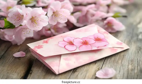 Pink Cherry Blossom Envelope on Wooden Table