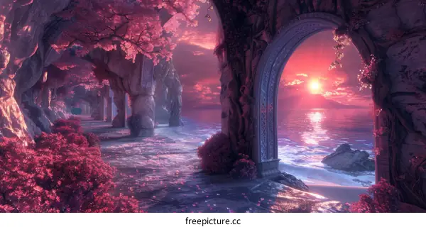 Fantasy World of Pink Trees and Blue Water