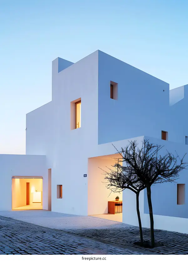 Minimalist White House With Cobblestone Driveway