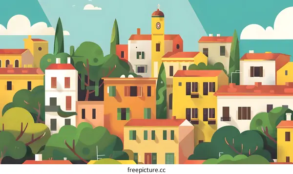 Colorful Illustration of a Mediterranean Village