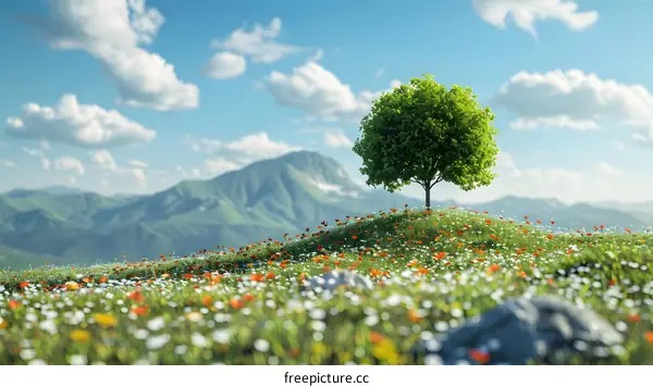 Green Tree on a Hill with Flowers and Mountains