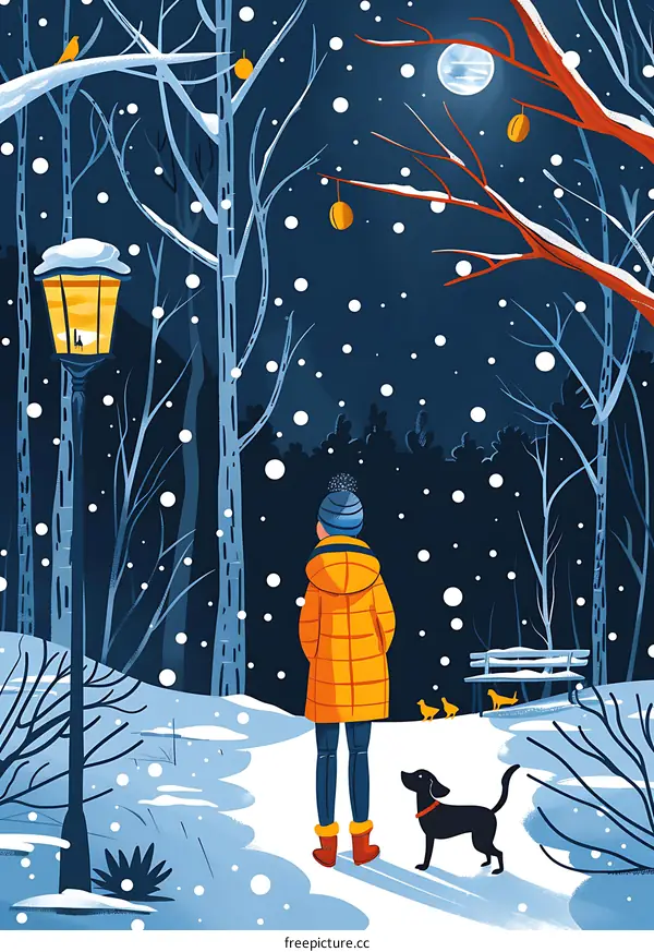 Winter Night Illustration with Person and Dog in Forest