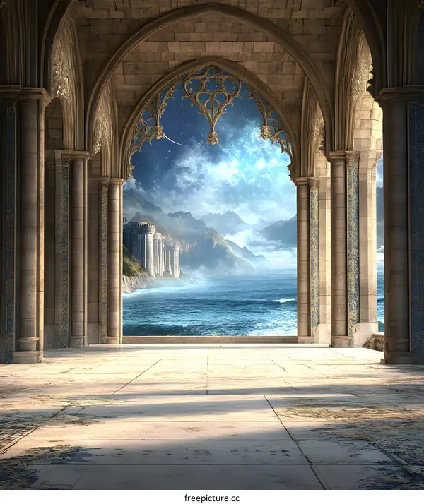 Stone Archway with View of Sea and Mountains