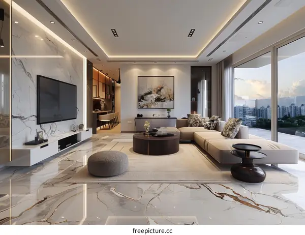 Modern Luxury Living Room with Marble Floor and City View
