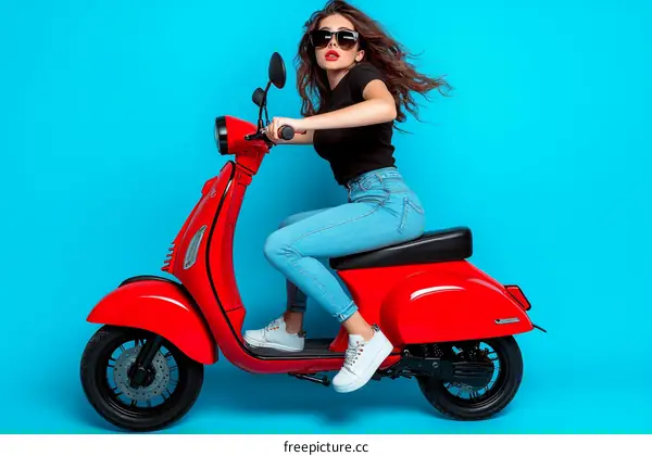 Stylish Woman Riding a Red Scooter Against a Blue Background