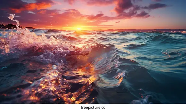 Sunset at sea with waves crashing against the shore