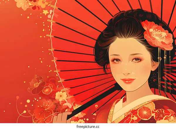 A Japanese Geisha in a red kimono holding a red umbrella