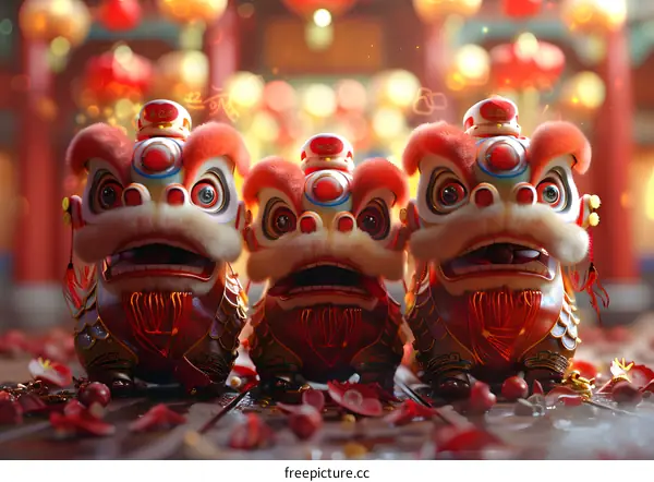 Three Chinese lion dance mascots with red fur and golden armor perform during a Lantern Festival celebration.