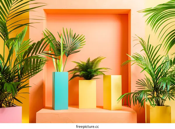 Tropical Plants Minimalist Composition with Colorful Pots and Peach Background