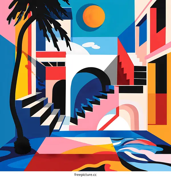 Abstract Illustration of a Colorful Geometric Building with a Palm Tree