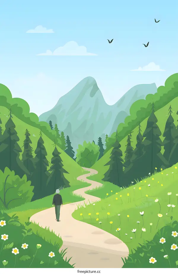 Man Walking on Path Through Green Mountain Valley