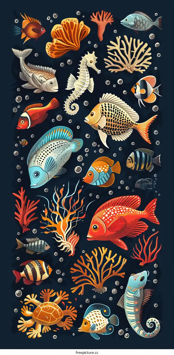 Undersea Creatures: Colorful Illustration of Various Fish and Sea Life