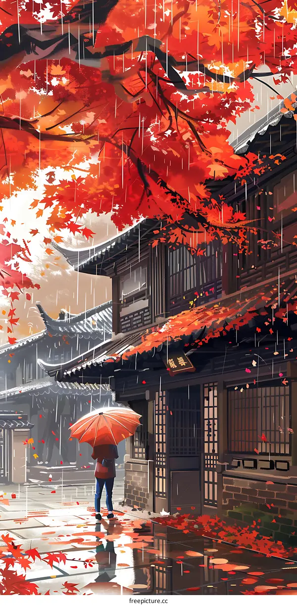 Rainy Day in Asian City with Red Maple Leaves and One Person with Umbrella