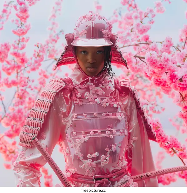 Black Samurai Warrior with Pink Armor and Helmet Stands at Cherry Blossom Tree