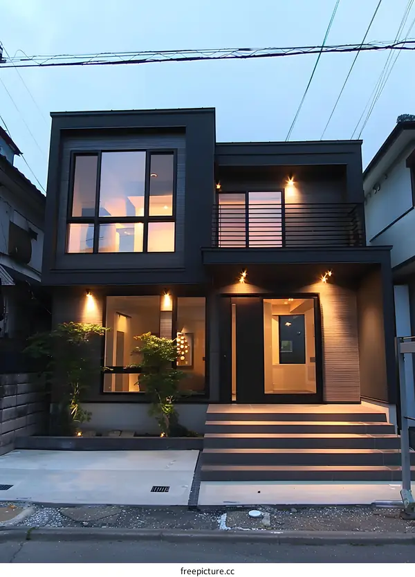 Modern Black Two Story House with Large Windows and a Balcony