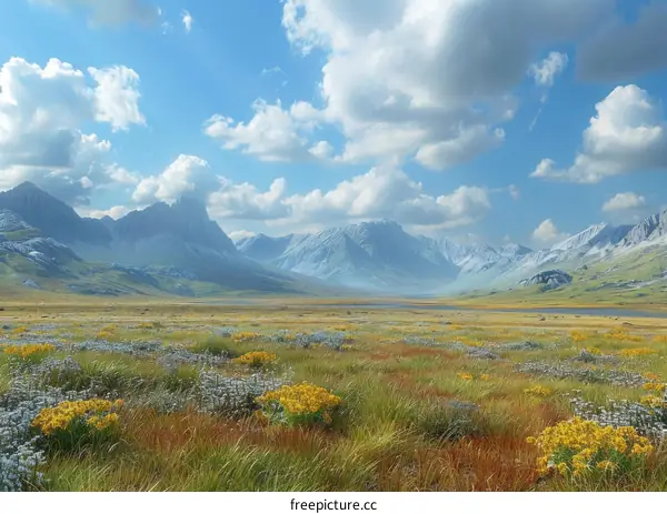 Expansive Prairie Landscape with Majestic Mountains and River