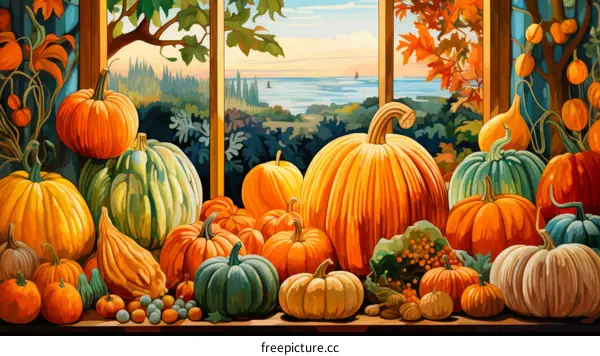 A beautiful still life painting of pumpkins and gourds in front of a window
