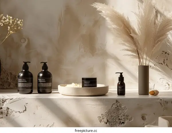 Natural and organic skincare products on a shelf with a vase of pampas grass