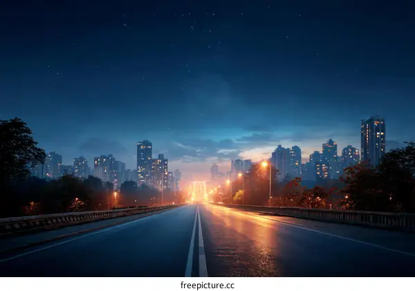 Cityscape at Night with Illuminated Buildings and Road