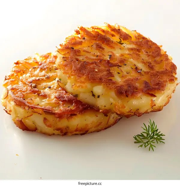 two hash browns on a white plate
