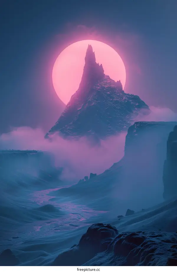 Glowing Moon Over Alien Mountains
