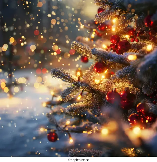 Christmas Tree Decorated with Red Ornaments and Fairy Lights