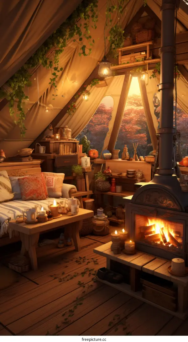 Cozy cabin in the woods with a fireplace and a view of the fall foliage