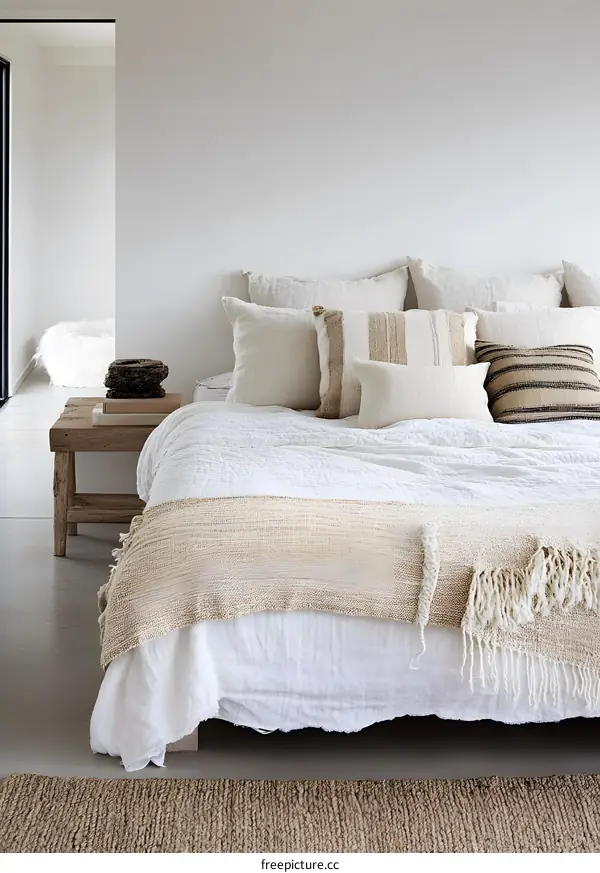 Minimalist Bedroom Interior Design with White Bedding and Tan Accents