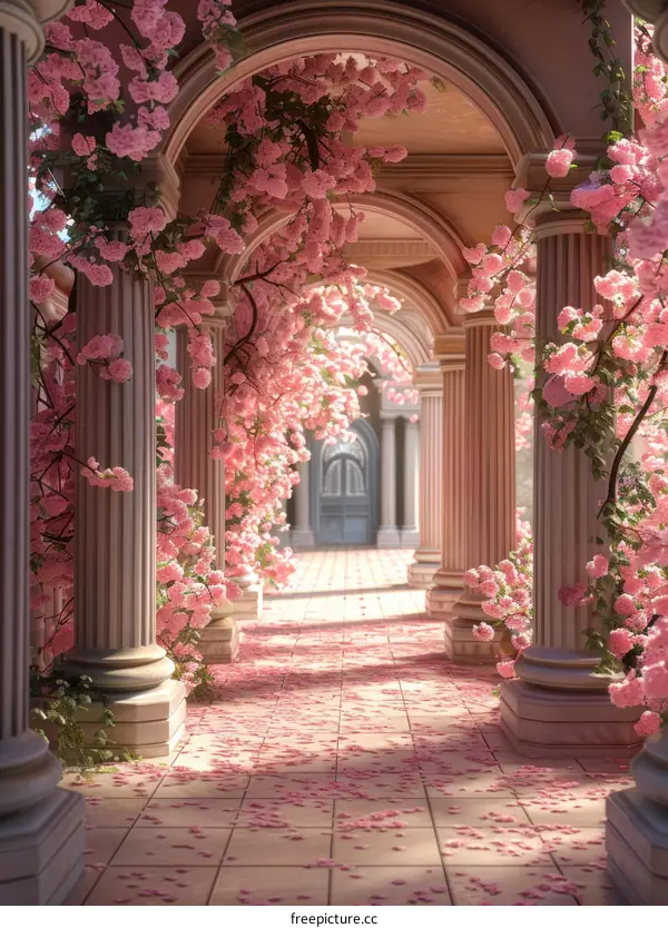 Pink Blossom-Covered Arcade Pathway