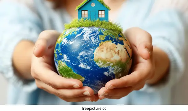 Protecting Earth  Small House on Globe  Environmental Conservation