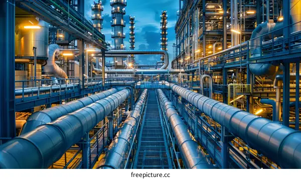 Industrial Facility with Blue and Gray Exterior and Numerous Pipes and Elevated Walkways