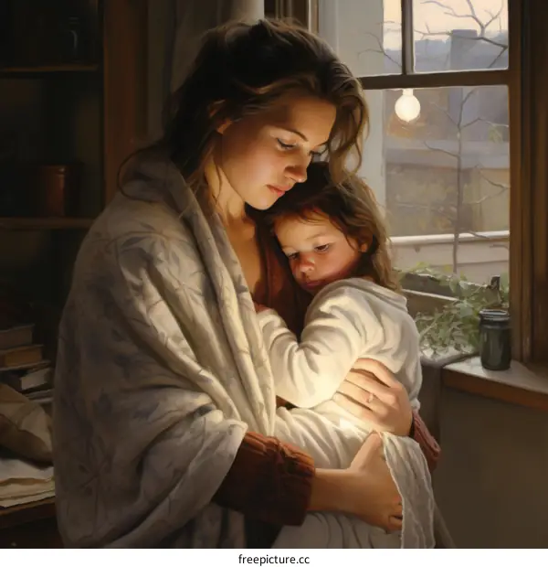 Mother and child in a warm embrace near the window