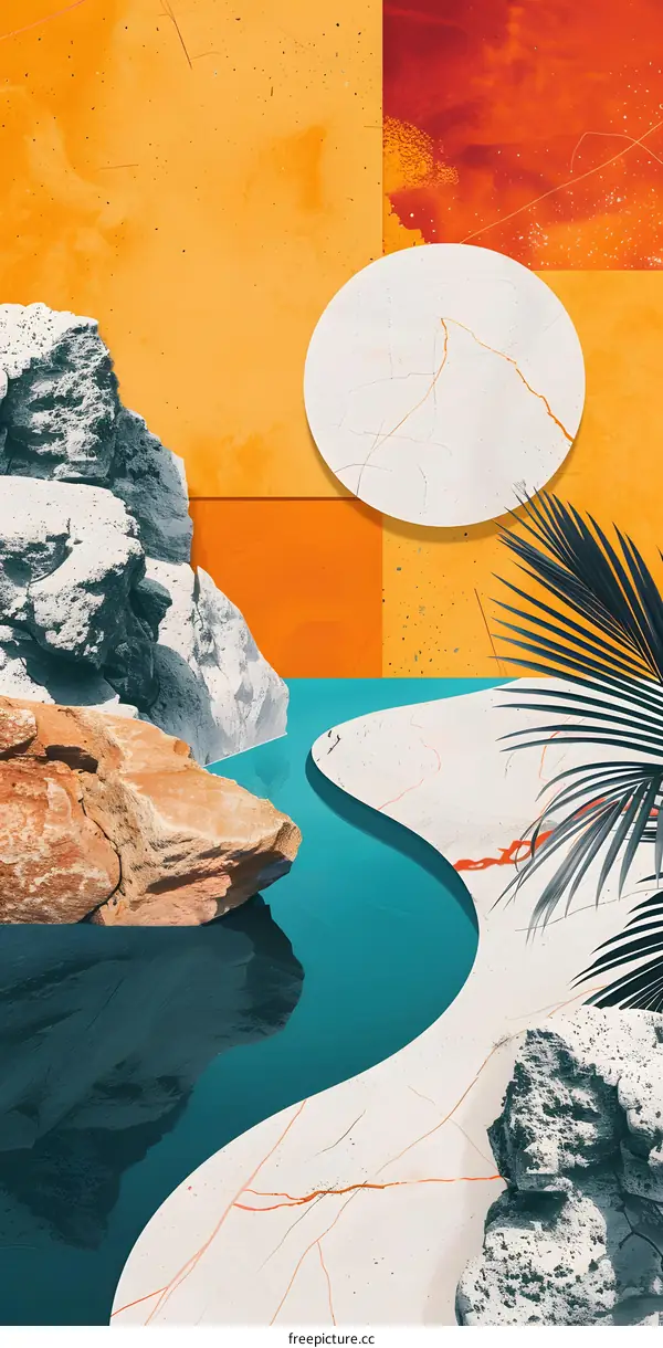 Abstract Art Collage With Rocks, Palm Leaves and Water