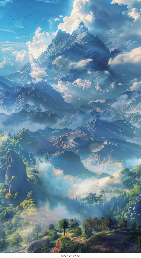 Misty Mountain Peaks Piercing Through the Clouds