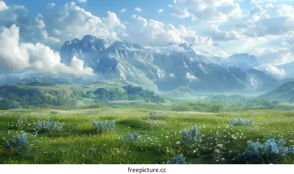 Fantasy Mountain Landscape with Verdant Hills Abloom
