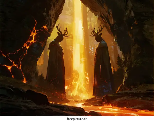 Two Deer-Horned Figures in Luminous Cave with Flowing Lava