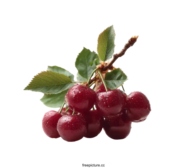 [Transparent Background PNG]Fresh Cherries on Branch with Water Droplets