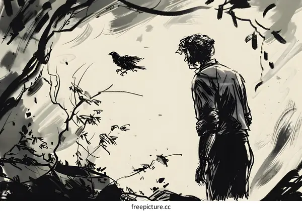 Man Looking At A Raven In A Forest Illustration