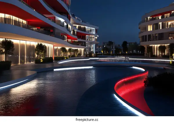 Modern Architecture With Red Waterfall at Night