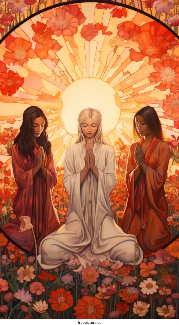 Three Women of Different Races Pray Together in a Field of Flowers with a Glowing Sun Behind Them