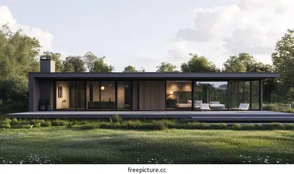 Modern House with Large Windows and a Green Lawn