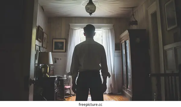 A man standing in a dark room looking out the window