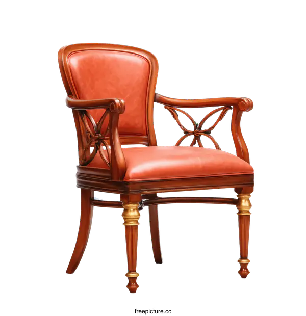 [Transparent Background PNG]Elegant Red Leather Armchair with Intricate Wood Carving