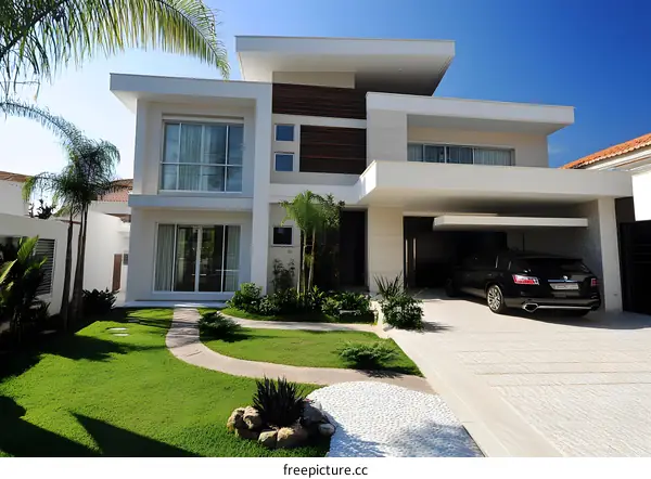 Modern Home with White Exterior and Green Lawn