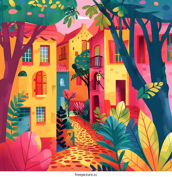 Colorful Illustration of a European Street