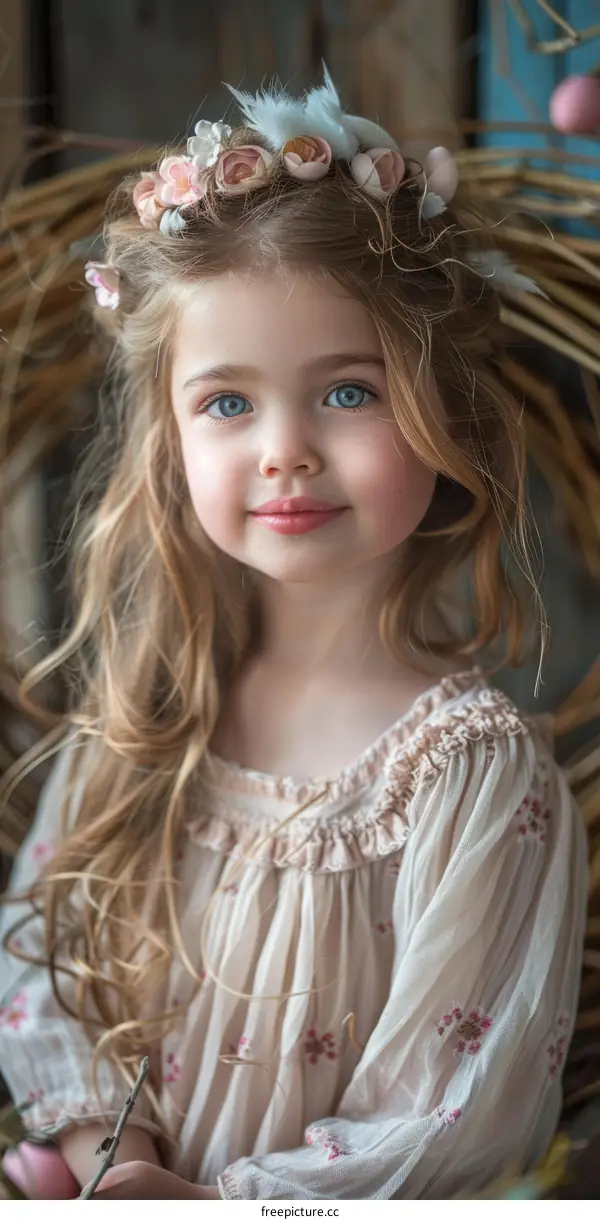 Portrait of a Little Girl with Long Blonde Hair and Blue Eyes Wearing a Floral Headband