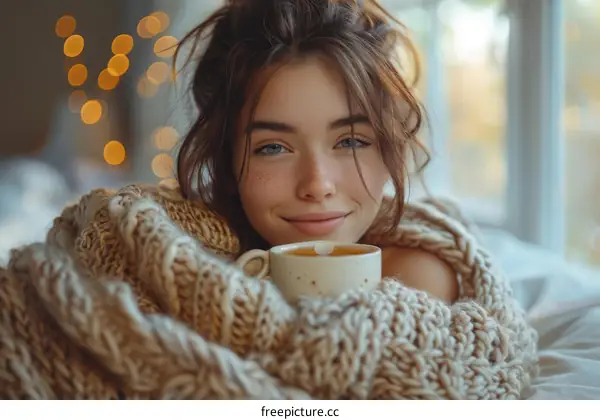 Young woman wrapped in a blanket holding a cup of tea
