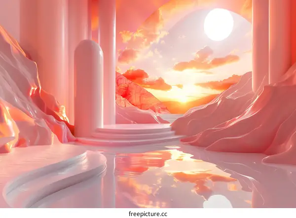 Pink Landscape with a Large Pink Sun and Pink Mountains