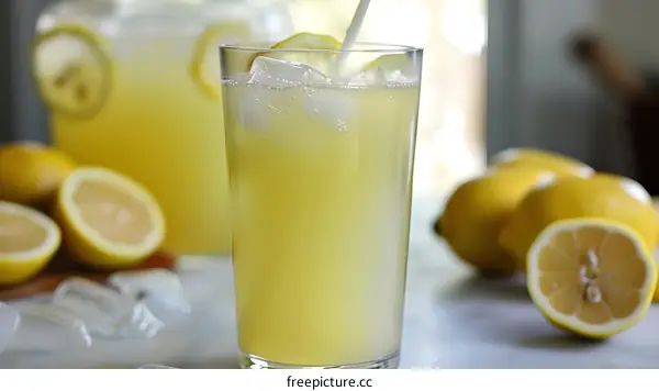 Glass of Homemade Lemonade With Ice Cubes and Lemon Slices