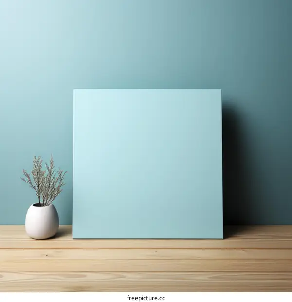 Blue textured background with a blank canvas and a decorative plant